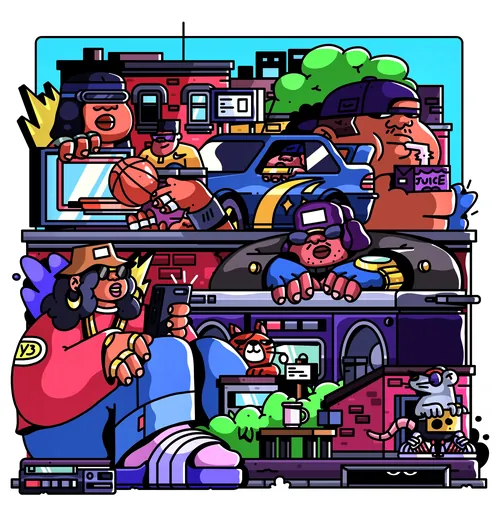 Illustration verschiedener Menschen in einem urbanen Umfeld mit Basketball und Fahrzeugen