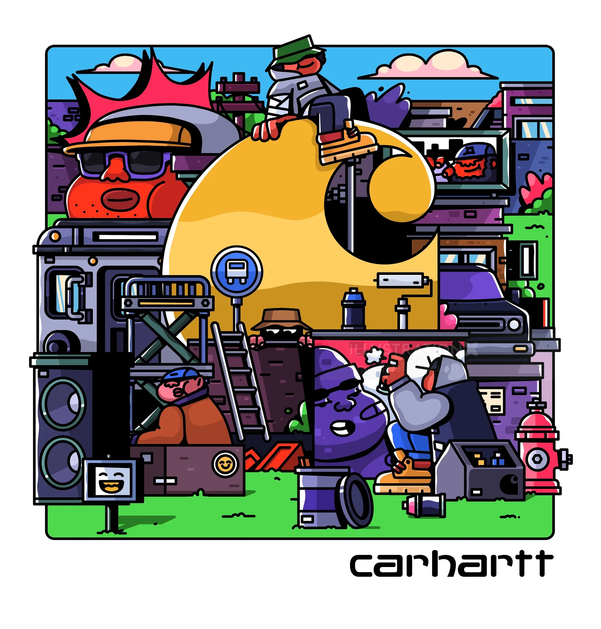 Cartoon style workwear scene with characters and large letter C