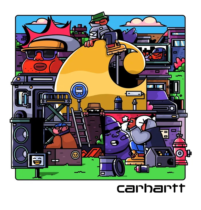 Cartoon style workwear scene with characters and large letter C