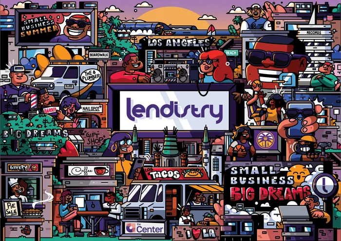 Colorful Los Angeles cityscape with diverse characters and small businesses