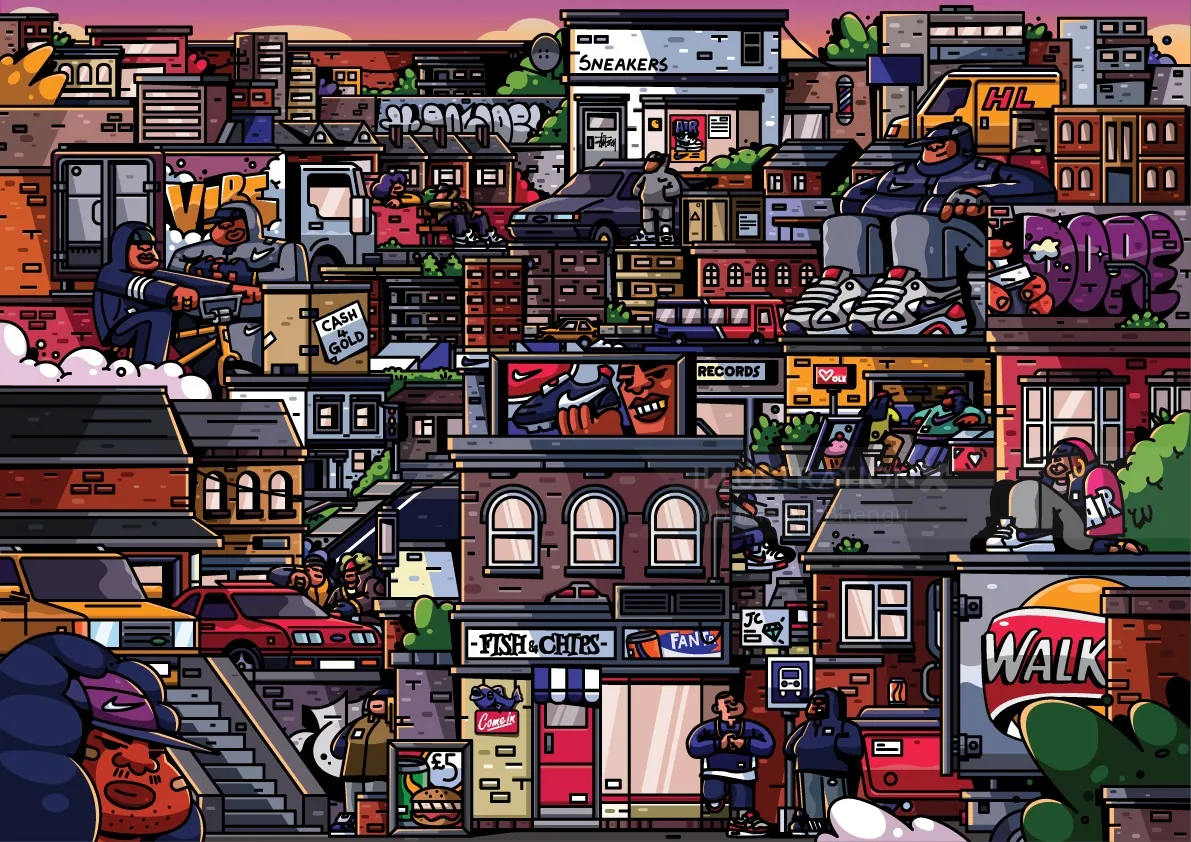 Colorful urban cityscape with buildings and street art at sunset