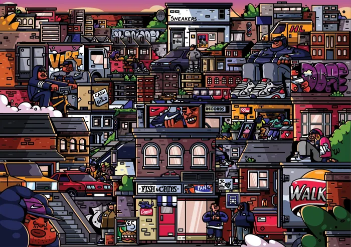 Colorful urban cityscape with buildings and street art at sunset