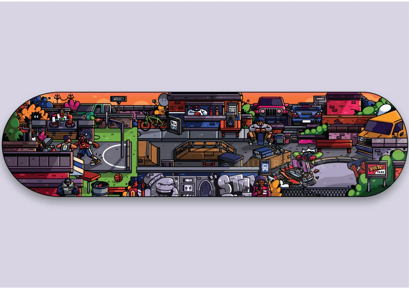 Colorful skateboard deck with detailed urban cityscape illustration