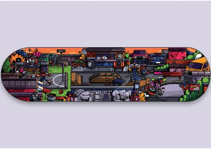 Colorful skateboard deck with detailed urban cityscape illustration