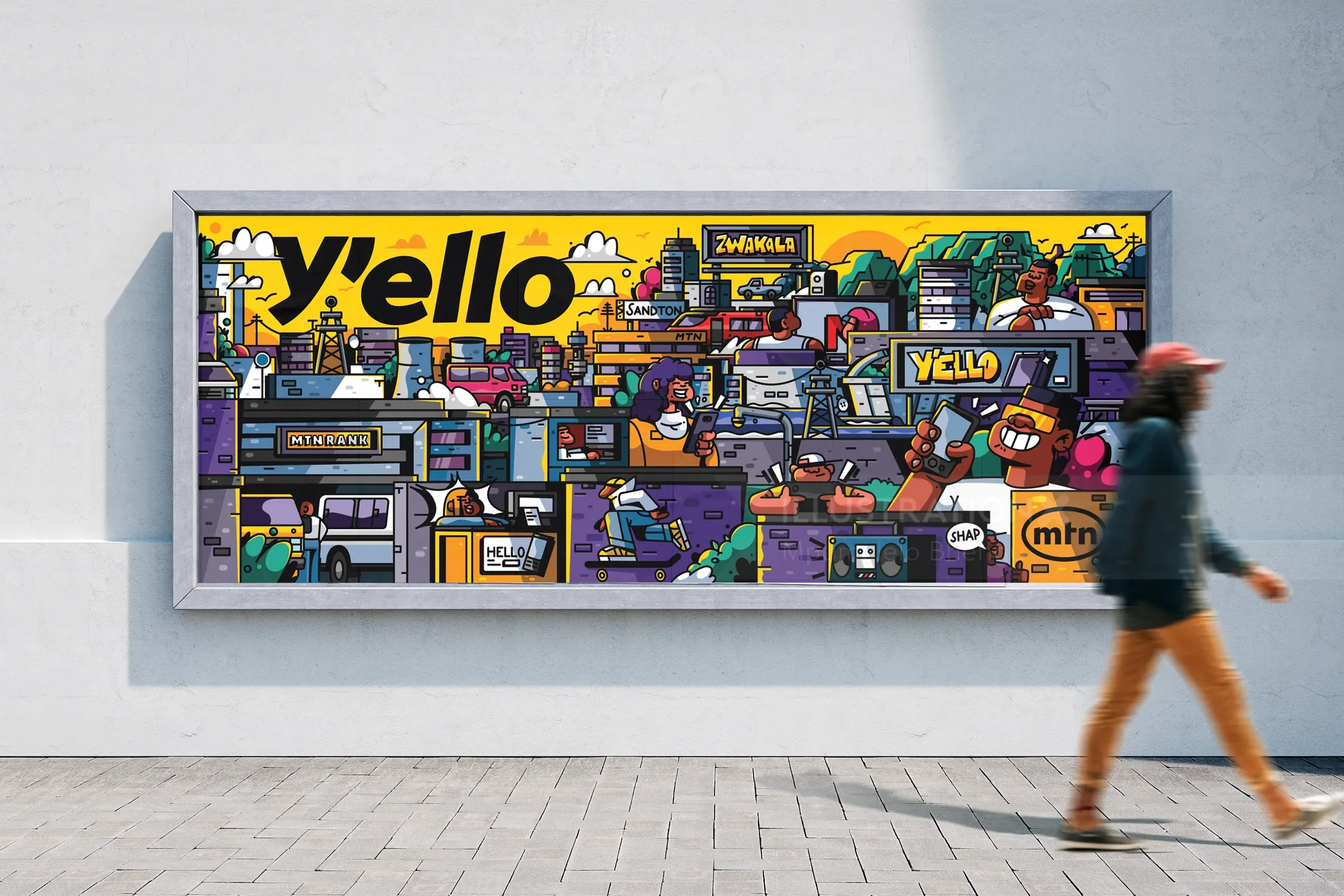 Bunte MTN Y'ello-Straßenwerbung im Cartoon-Stil an der Wand