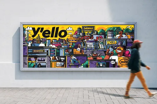 Bunte MTN Y'ello-Straßenwerbung im Cartoon-Stil an der Wand