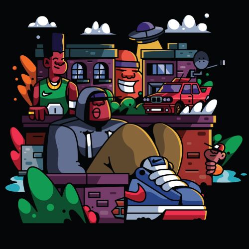 Colorful urban scene with characters, buildings, and a Nike sneaker