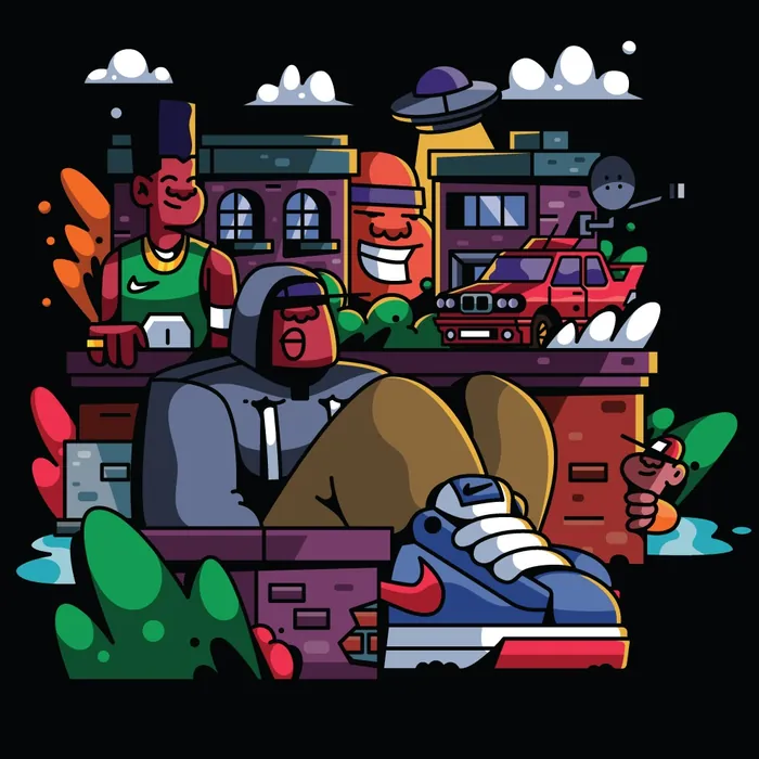 Colorful urban scene with characters, buildings, and a Nike sneaker