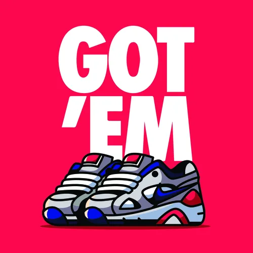 Illustration von Nike Air Max 180 Sneakers mit dem Text „GOT 'EM“.