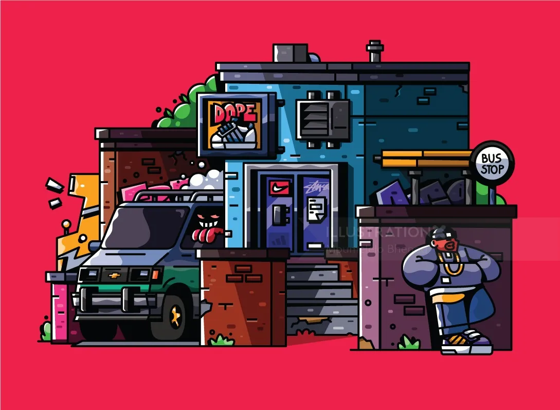 Colorful cartoon city building with parked car and person waiting at bus stop