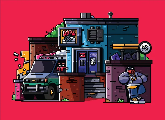Colorful cartoon city building with parked car and person waiting at bus stop