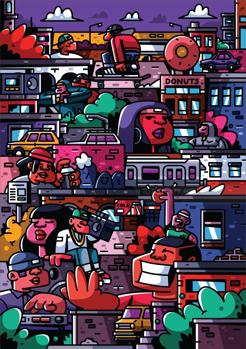 Lebendige Stadtillustration mit Imbisswagen und animierten Personen