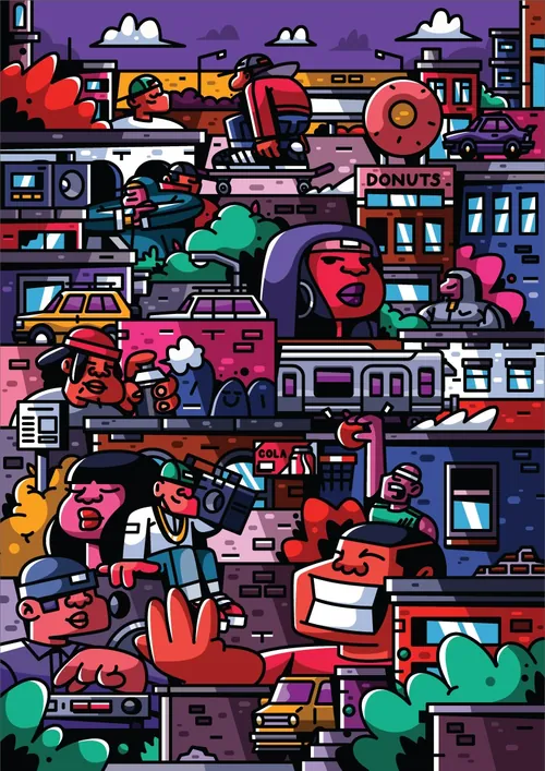 Lebendige Stadtillustration mit Imbisswagen und animierten Personen