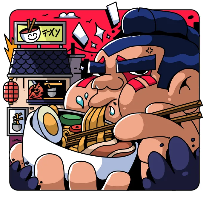 Muscular man eating ramen with chopsticks in Japanese street scene