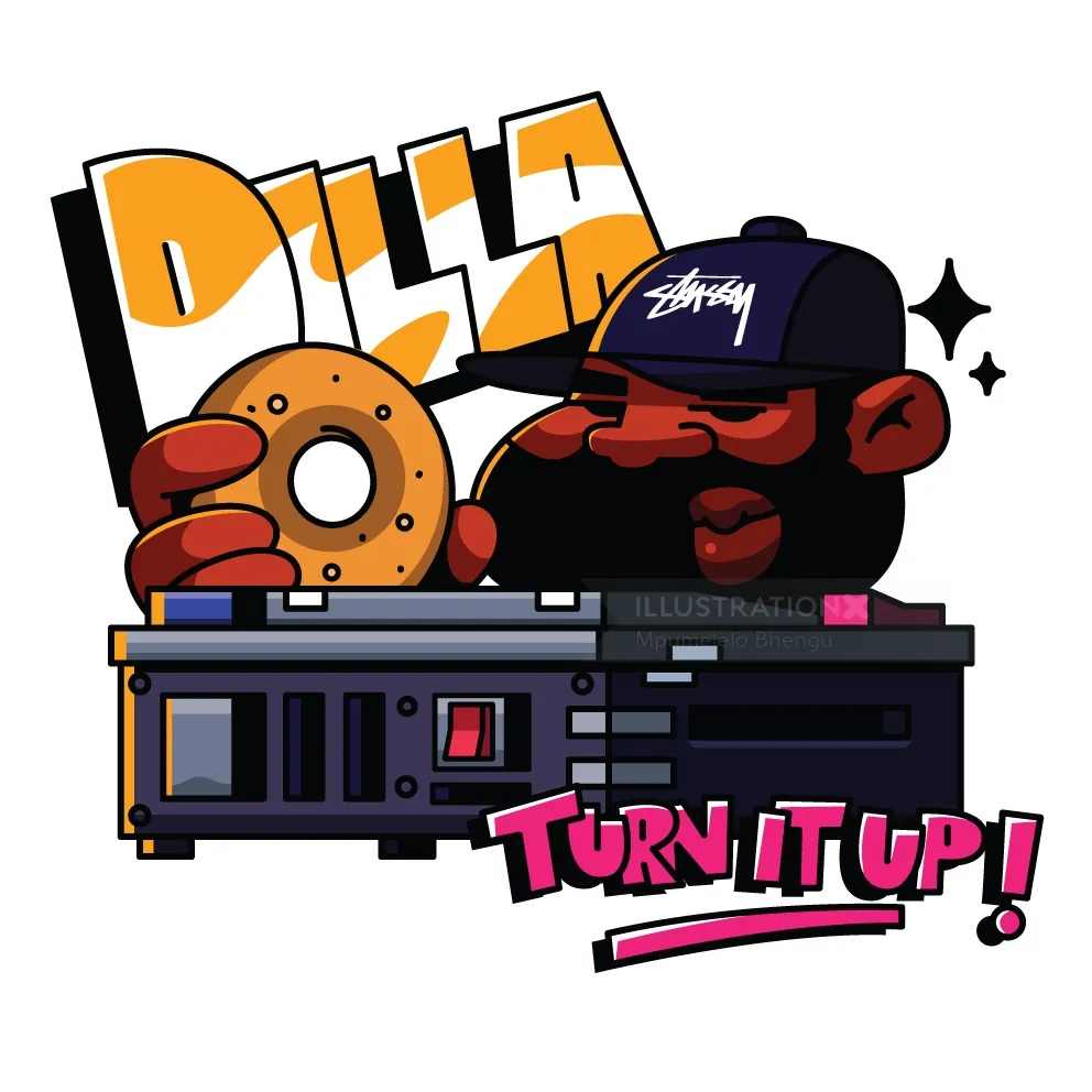 Cartoon DJ with vinyl record and turntable saying Turn it up