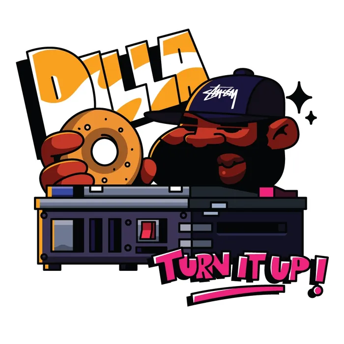 Cartoon DJ with vinyl record and turntable saying Turn it up