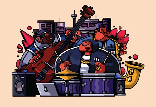 Jazzmusiker spielen Kontrabass, Schlagzeug und Saxophon vor städtischer Kulisse.