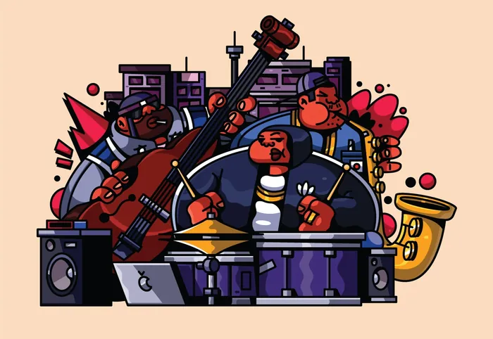 Jazz musicians playing double bass, drums, and saxophone with city background.