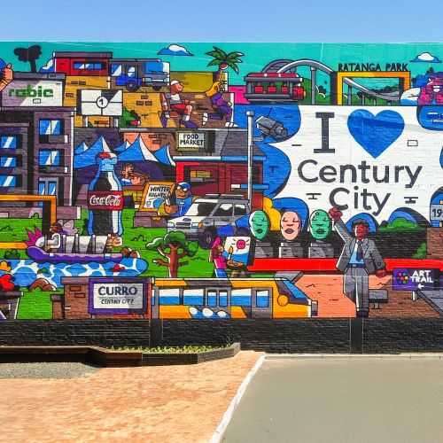 Mural showing city buildings and landmarks with I love Century City sign