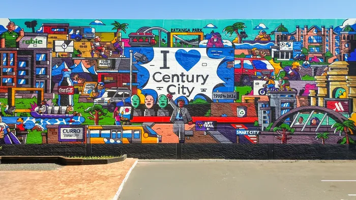 Mural showing city buildings and landmarks with I love Century City sign