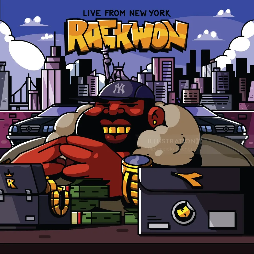 Karikatur von Raekwon, der in einer Stadtlandschaft eine New York Yankees-Kappe trägt