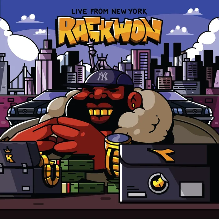 Cartoon of Raekwon wearing a New York Yankees cap in a cityscape