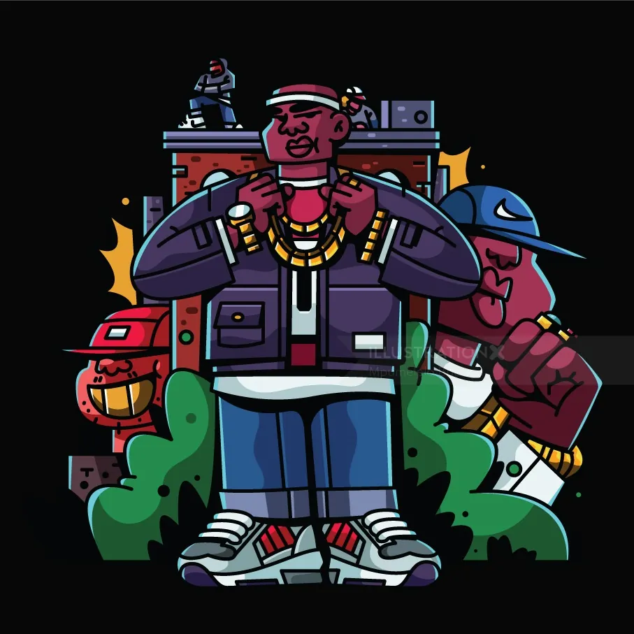 Illustration von drei Hip-Hop-Charakteren mit Schmuck vor urbanem Hintergrund