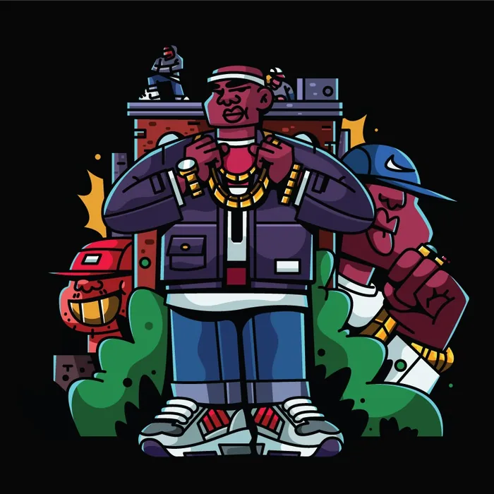 Illustration of three hip-hop characters with jewelry and urban background