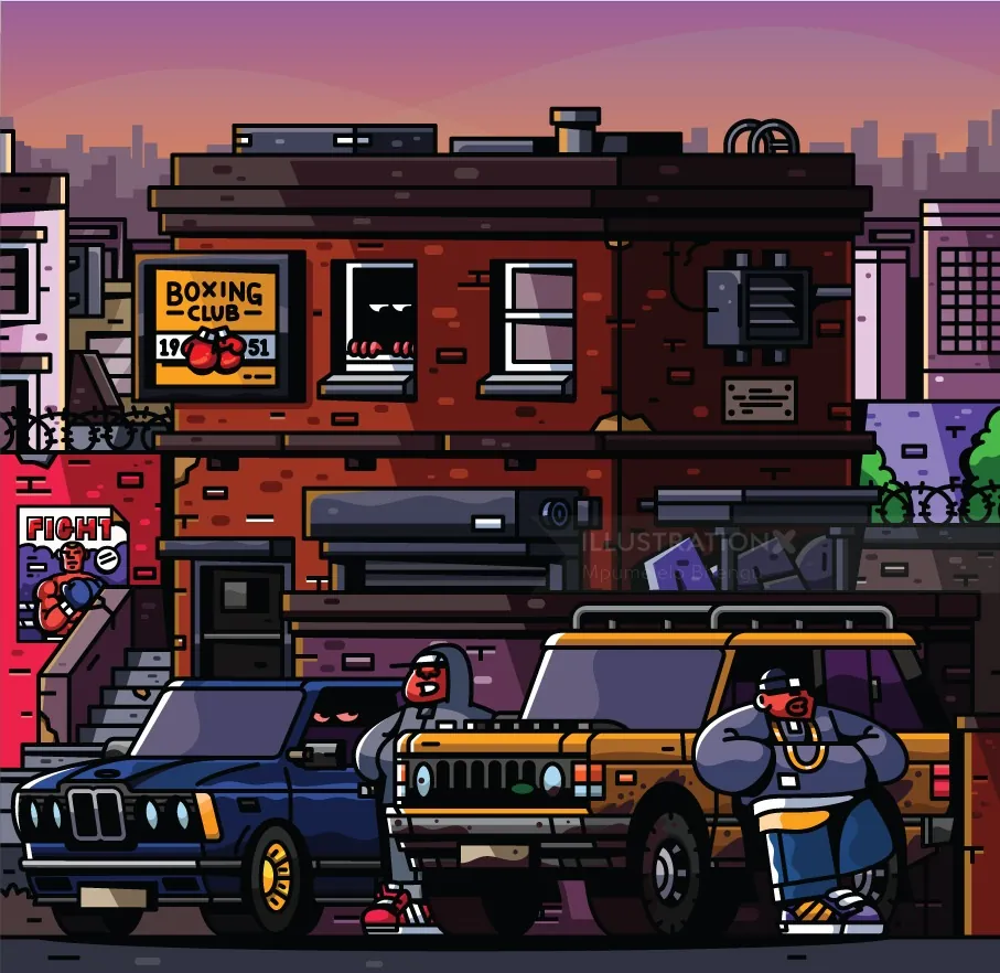 Pixel art of two men near cars outside a boxing club in a city at dusk