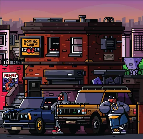 Pixelgrafik von zwei Männern neben Autos vor einem Boxclub in einer Stadt in der Abenddämmerung