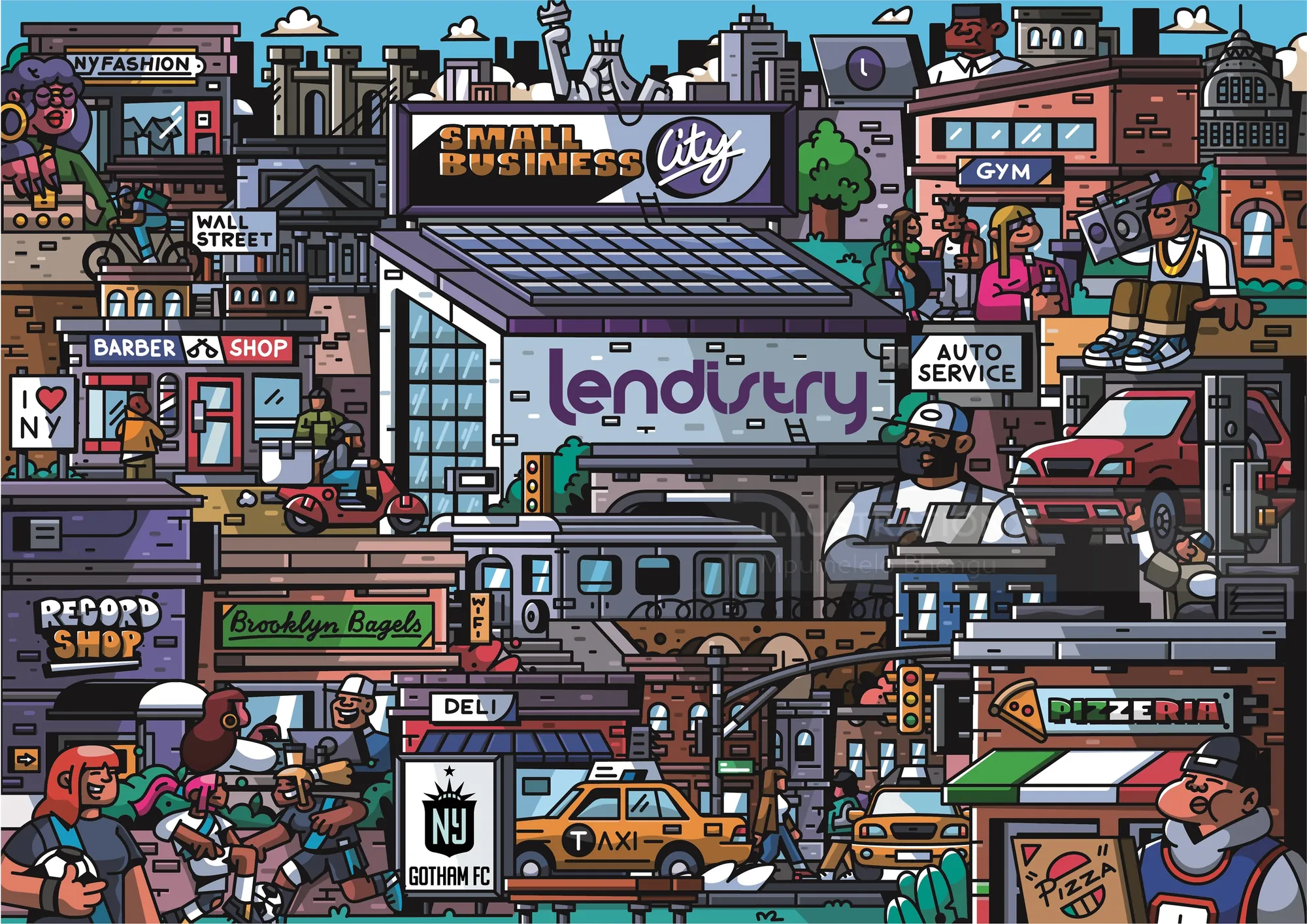 Escena urbana de pixel art colorida con pequeñas empresas y transporte público