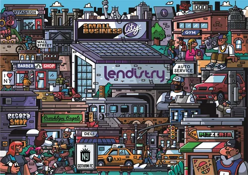Farbenfrohe Pixelgrafik-Stadtszene mit kleinen Geschäften und öffentlichen Verkehrsmitteln