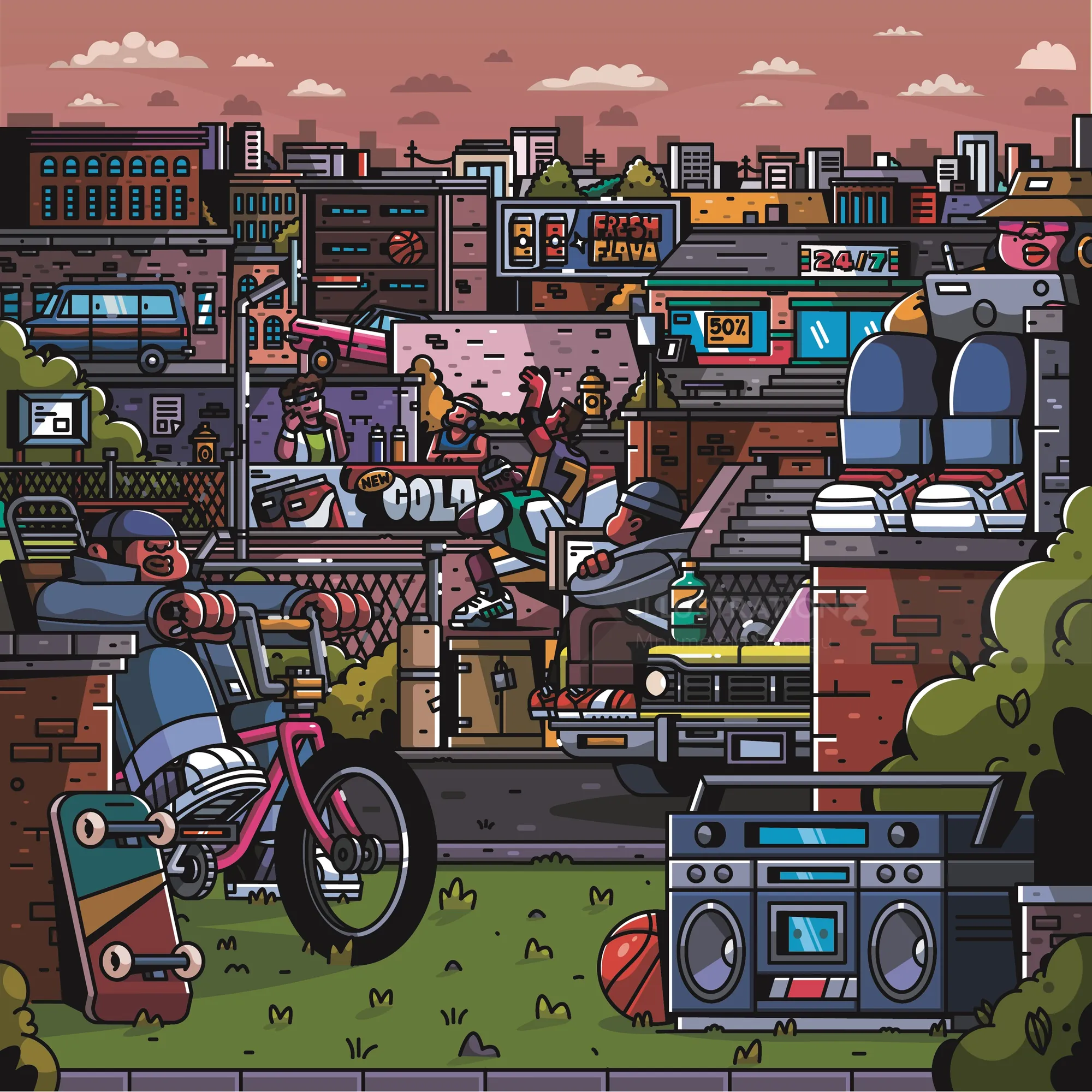 Lebendiges Stadtbild mit Skateboards, Turnschuhen und einer Boombox im Freien.