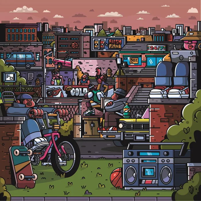 Vibrant cityscape featuring skateboards, sneakers, and a boombox outdoors.