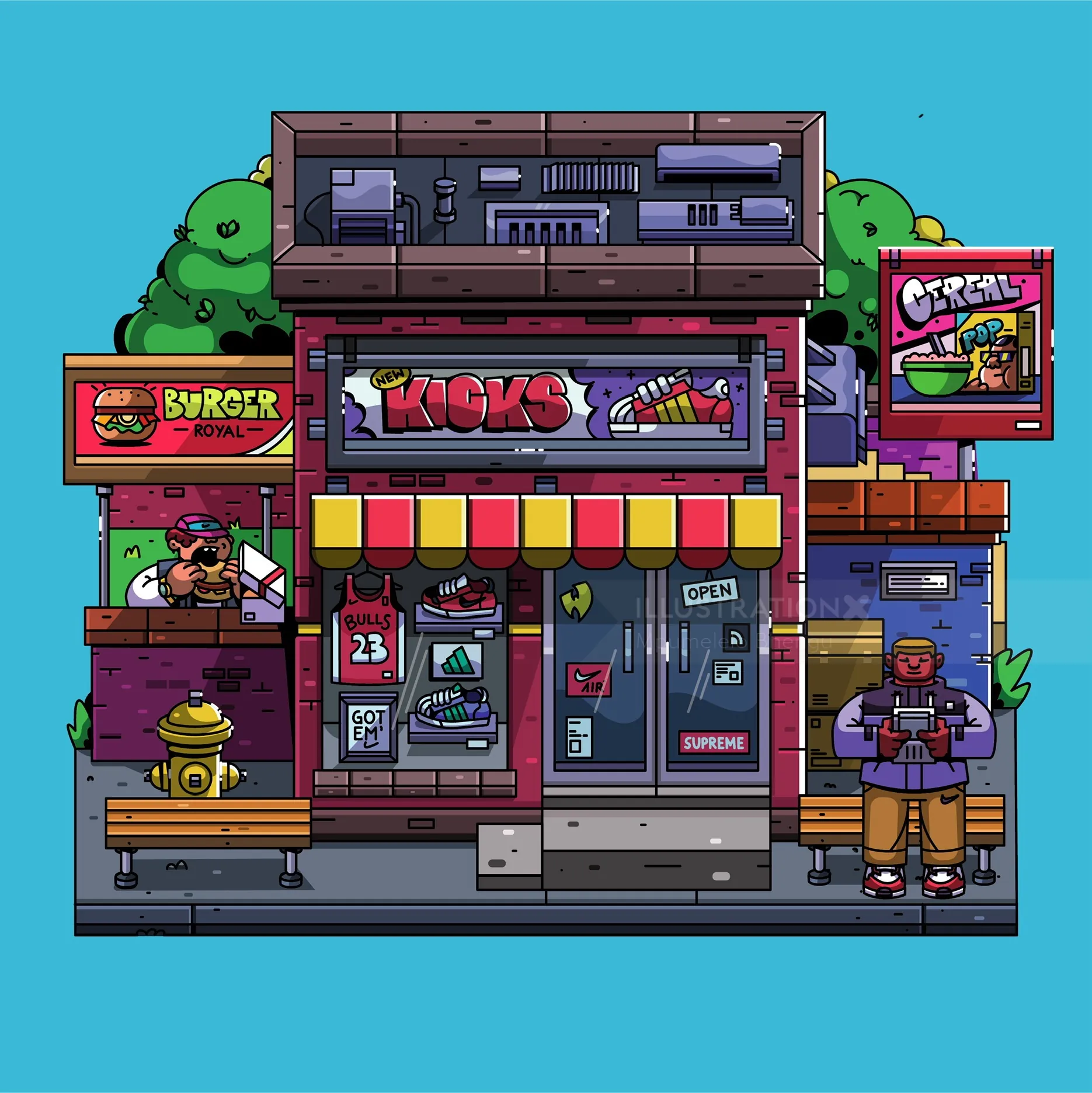 Pixel art sneaker store with burger and cereal shops nearby
