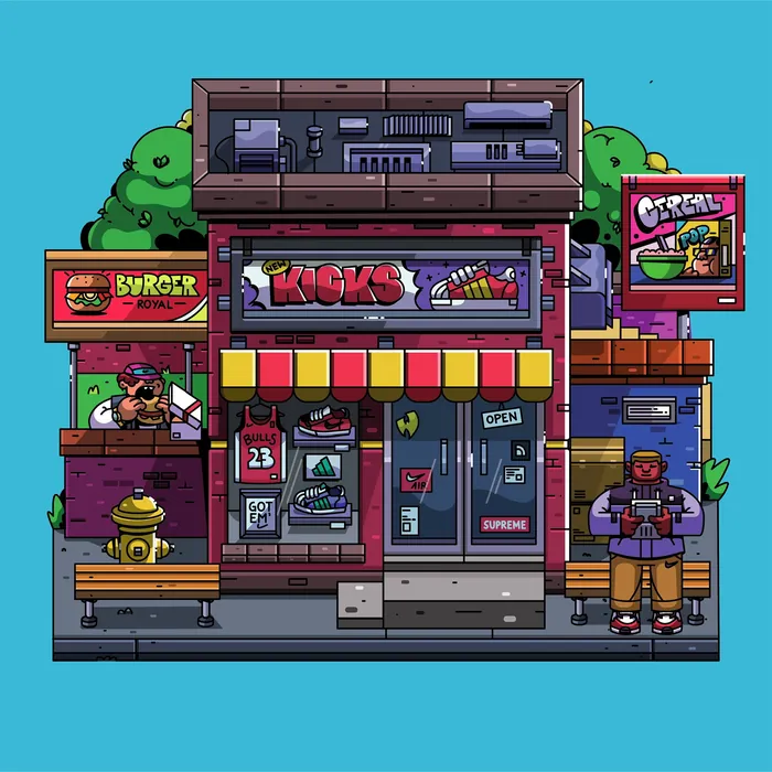 Pixel art sneaker store with burger and cereal shops nearby