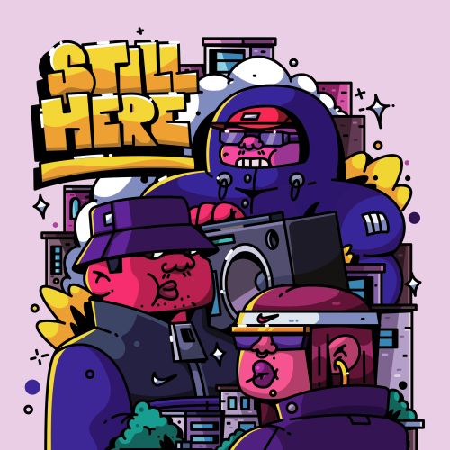 Colorful street art poster with three cartoon characters and text Spill Here