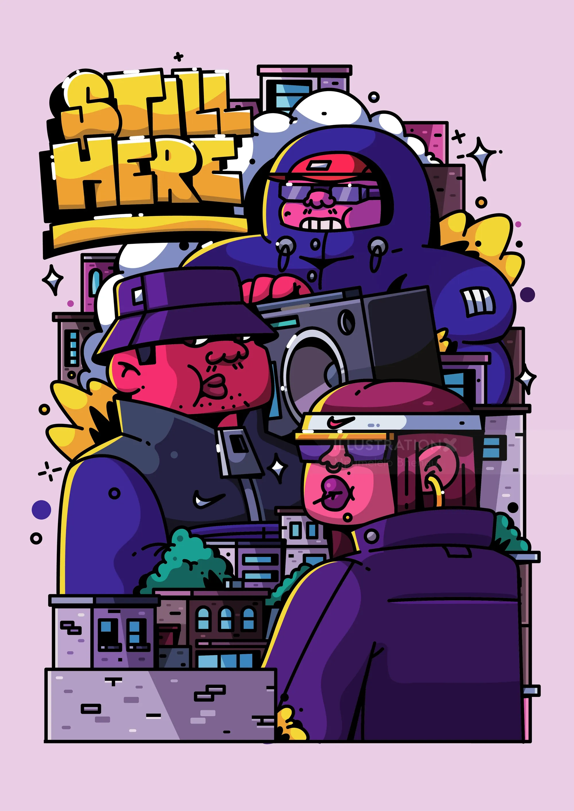 Póster de arte callejero colorido con tres personajes de dibujos animados y texto "Spill Here"