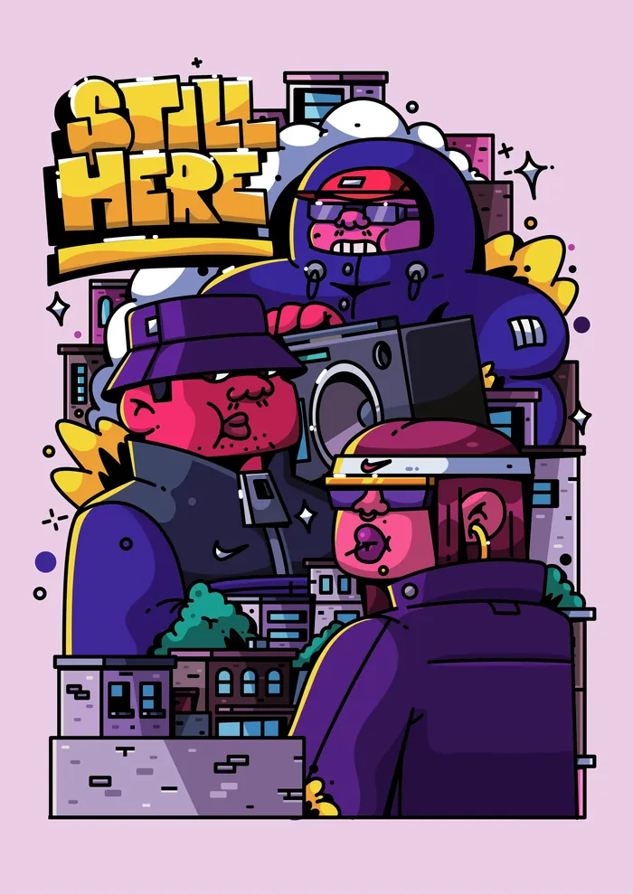 Colorful street art poster with three cartoon characters and text Spill Here