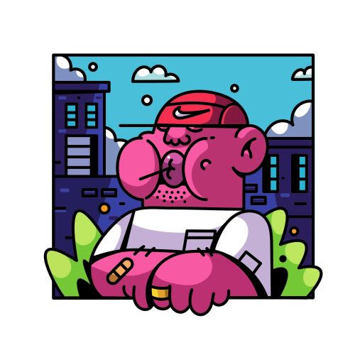 Pink muscular cartoon character leaning on railing with cityscape behind