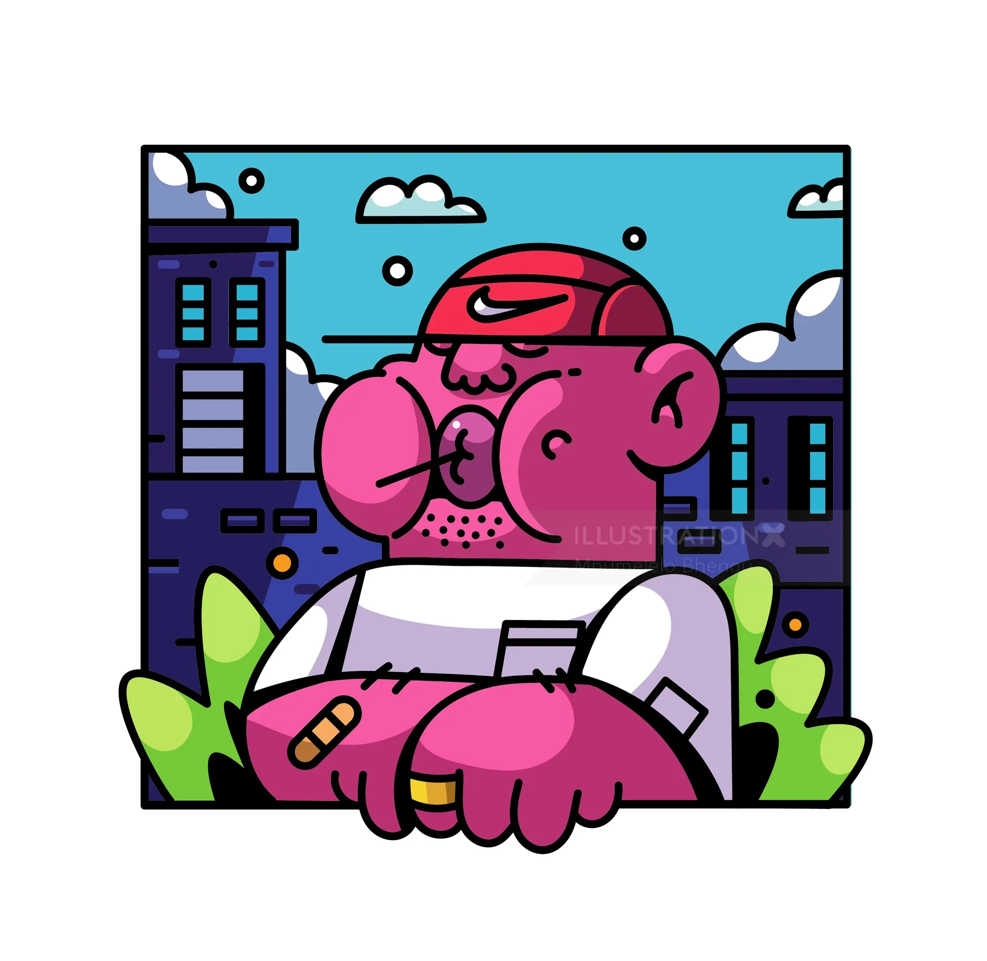 Personaje de dibujos animados musculoso de color rosa apoyado en una barandilla con un paisaje urbano detrás