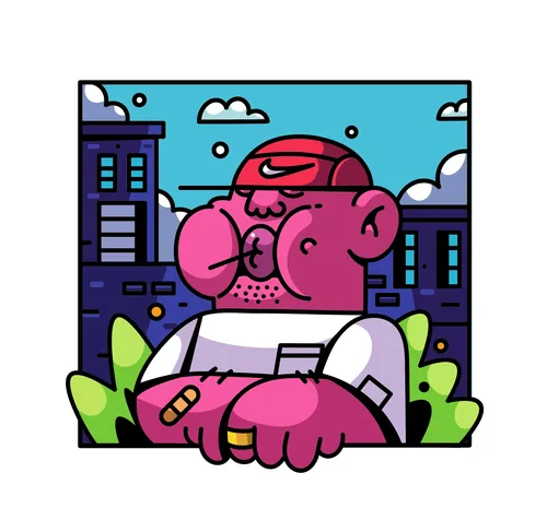 Eine pinkfarbene, muskulöse Comicfigur lehnt an einem Geländer, im Hintergrund eine Stadtkulisse.