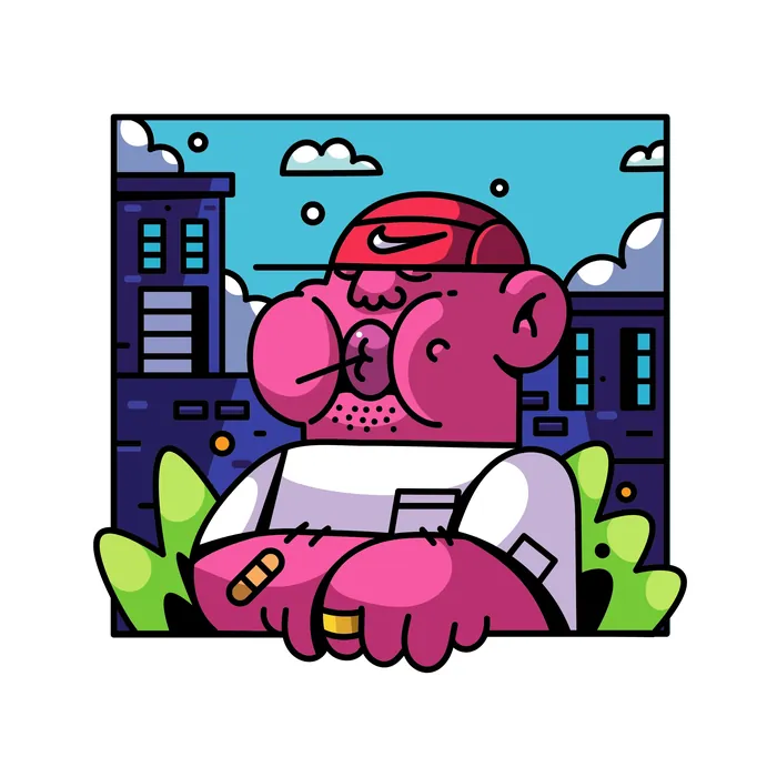 Pink muscular cartoon character leaning on railing with cityscape behind