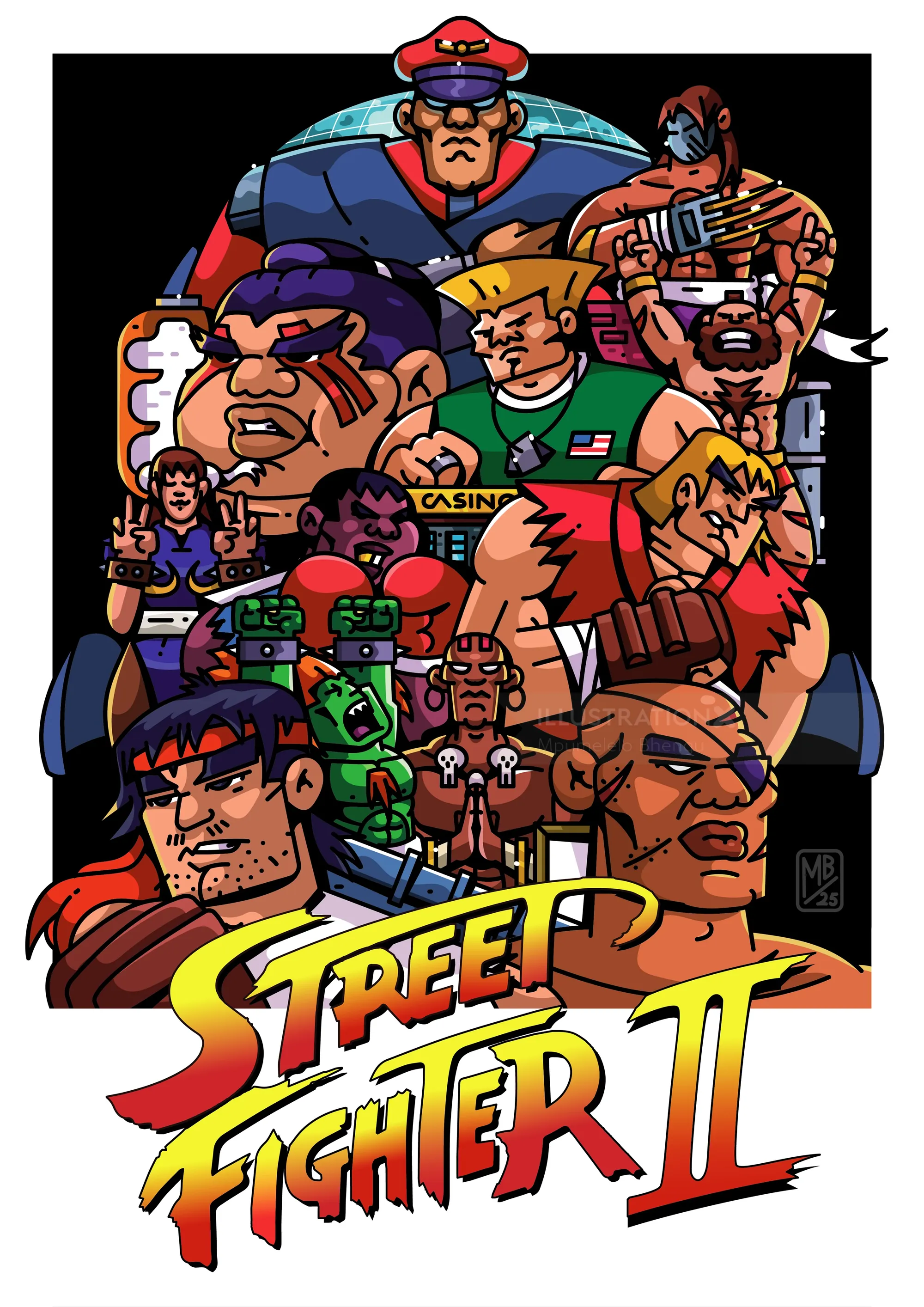 Farbenfrohe Illustration von Street Fighter II-Charakteren von Mpumelelo Bhengu