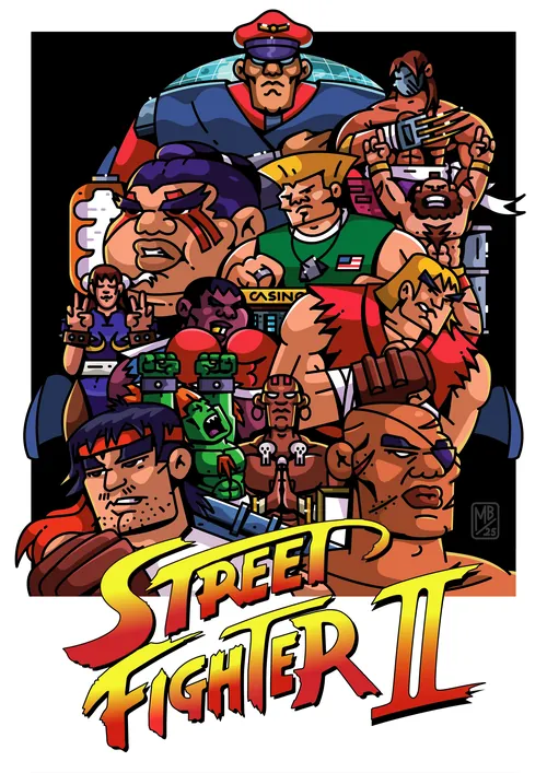 Farbenfrohe Illustration von Street Fighter II-Charakteren von Mpumelelo Bhengu