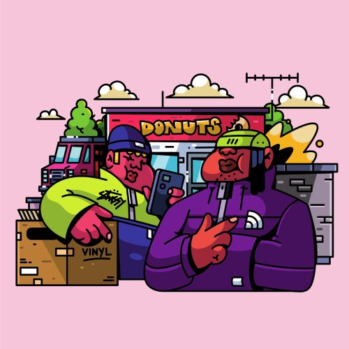 Two men talking outside a donut shop with vinyl boxes, artwork by Mpumelelo Bhengu
