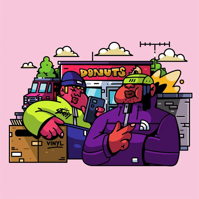 Two men talking outside a donut shop with vinyl boxes, artwork by Mpumelelo Bhengu