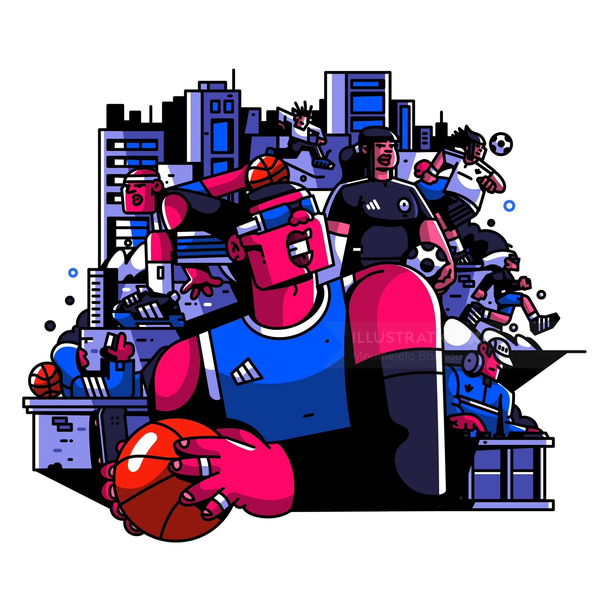 Ilustración colorida de Adidas con temática deportiva con jugadores de baloncesto y fútbol, fondo de horizonte urbano
