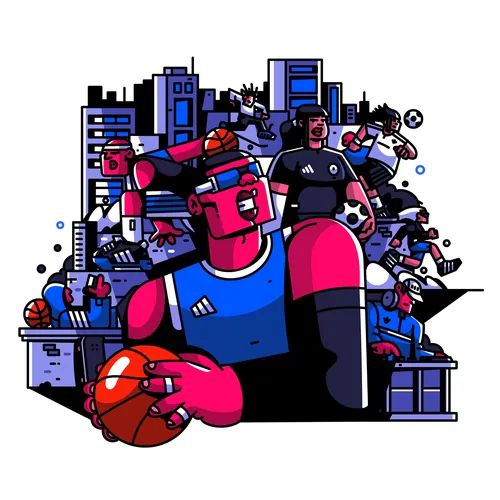 Farbenfrohe Adidas-Illustration mit Sportmotiven, Basketball- und Fußballspielern vor urbaner Skyline.