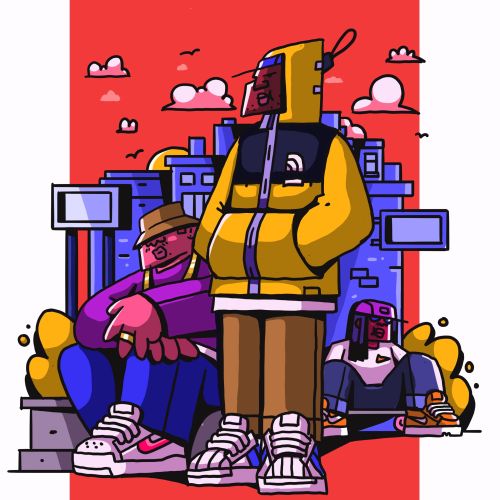 Three characters lounging in urban setting, box-headed figure in center by Mpumelelo Bhengu